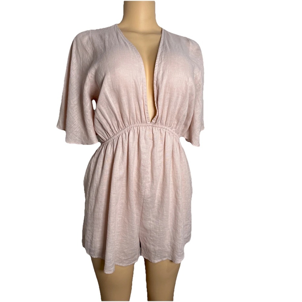 Audrey 3+1 Women's Romper Medium Beige Light Weight Elastic Drop Waist Tie-Neck